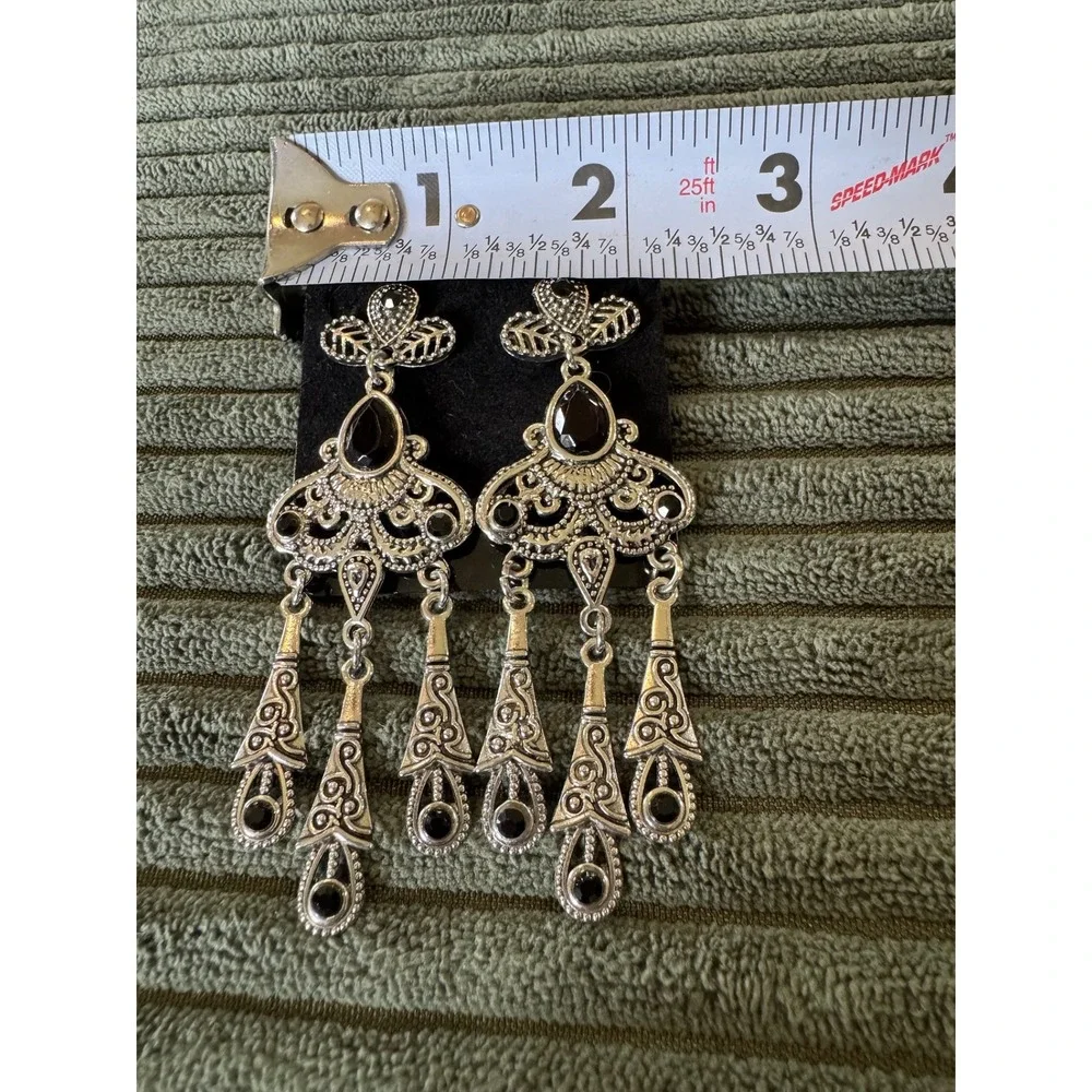 Silver Tone Dangle Earrings with‎ Black Accents, Statement Fashion Jewelry